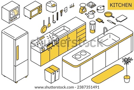 Illustration of kitchen utensils needed for new life, simple isometric, Vector Illustration