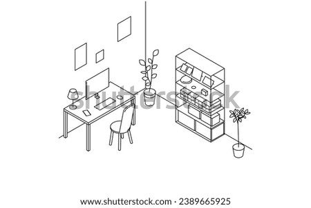 Room for rent: simple isometric of study, work desk and bookshelf, Vector Illustration