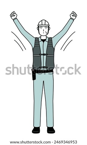 Senior male engineer in helmet and work wear doing radio calisthenics, preparation for accident prevention, Vector Illustration