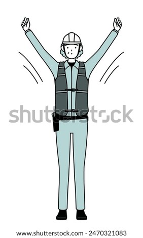 Senior female engineer in helmet and work wear doing radio calisthenics, preparation for accident prevention, Vector Illustration