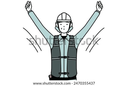 Senior female engineer in helmet and work wear doing radio calisthenics, preparation for accident prevention, Vector Illustration