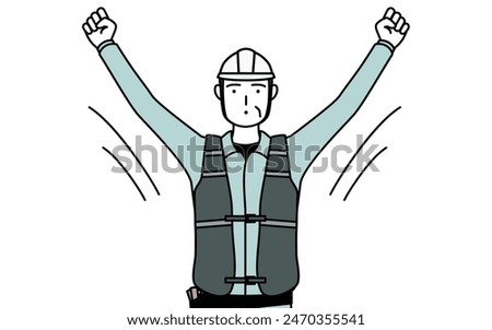 Senior male engineer in helmet and work wear doing radio calisthenics, preparation for accident prevention, Vector Illustration