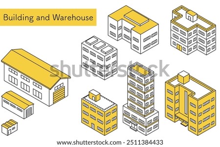 Buildings and warehouses, Isometric illustration with simple line drawings, Vector Illustration