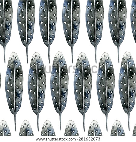 Feather pattern. Hand drawn watercolor seamless pattern with feathers. Black feathers silhouettes on white background.