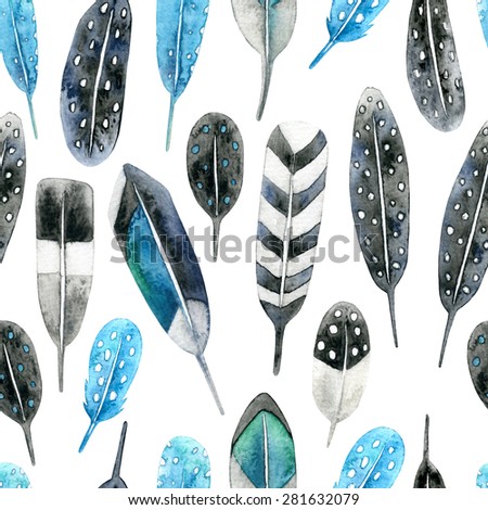 Feather pattern. Hand drawn watercolor seamless pattern with feathers. Black and turquoise feathers on white background.