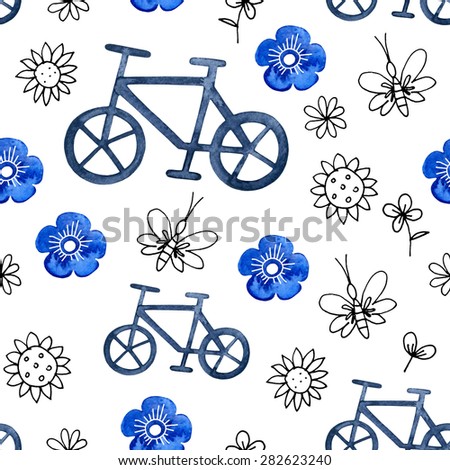 Watercolor bicycle pattern. Meadow flowers and bike silhouettes on white background. Summer flower pattern.