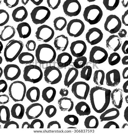 Hand painted round brush strokes seamless pattern. Hand drawn chaotic ink circles. Expressive monochrome strokes. Hand drawn black brush strokes.
