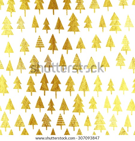 Gold glittering Christmas tree silhouettes seamless pattern. Hand drawn gold Christmas pattern.