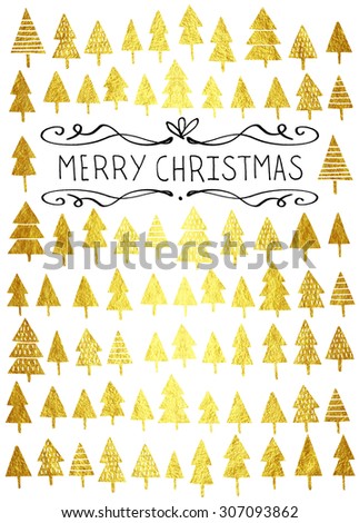 Gold glittering Christmas greeting card. Merry Christmas calligraphy.  Hand drawn gold Christmas greeting card.