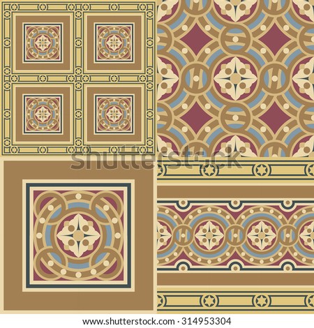 Set of four elements of vintage mosaic tile ornamental and frame pattern in ocher, brown, black, red, blue colors. The main element is a flower in circles.