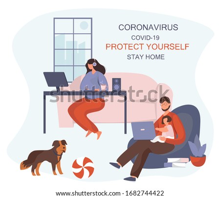 Stay Home Work Home.Protect Yourself.Family keeping Distance for Decrease Infection Risk For Prevent Virus Covid-19.Stay Home on Quarantine During the Coronavirus Epidemic.Vector Illustration