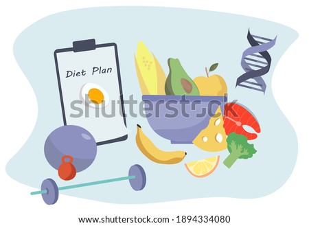 Nutrition Diet Plan.
Nutritionist Doctor or Dietitian Holding Clipboard with Diet Plan.Healthy Food and Diet Planning.Healthy Nutrition.Vegan Eating.Protein Products for Keto Diet.Vector Illustration