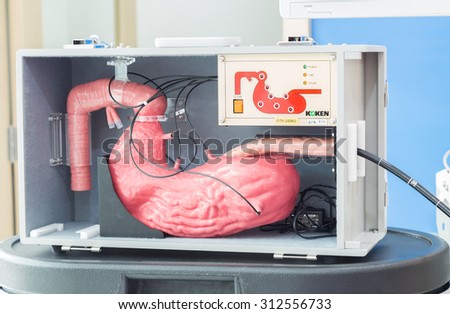NAKHONRATCHASIMA, THAILAND - November 15, 2014: Demo of modern medical equipment for diagnostic gastritis by narrow-band-imaging (NBI) guided biopsy in hospital laboratory, Nakhonratchasima, Thailand.