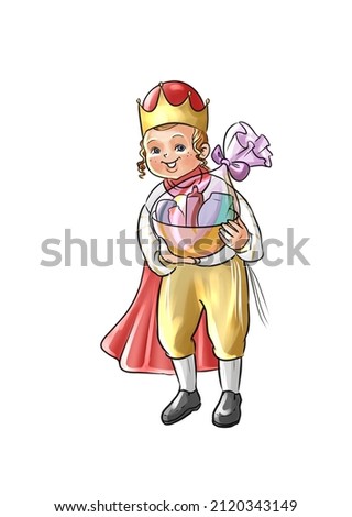 A colorful drawing of a cute Jewish boy dressed in a Purim costume and holding a parcel delivery in his hand Foto stock © 