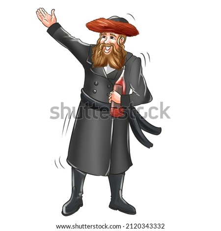 A colorful drawing of an elderly Jewish drunk wearing Purim clothes and wine in his hand Foto stock © 