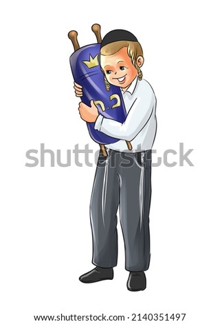 An ultra-Orthodox boy holds a Torah scroll and a Bible and kisses him Photo stock © 