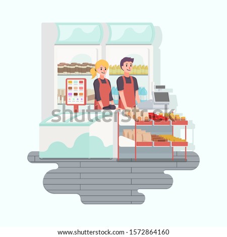 Store crew as cashier inside the store with goods sold. Made in the style of 2D vector design.