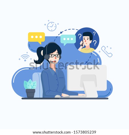 A call center with a blue shirt serving customers. Made in 2D vector style.