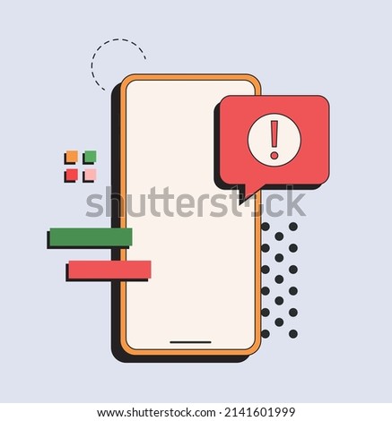Phone notification in retro style. Alert message mobile notification. Hand holding smartphone with exclamation sign, virus notification on phone screen vector concept