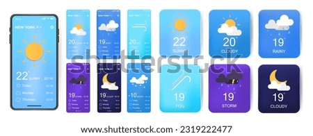 Mobile weather app interface design. GUI elements for weather forecast mobile app. Realistic phone. Temperature, weather condition user interface generator. Ui ux toolkit vector illustration