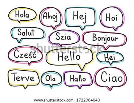 Greeting phrases in different languages. Handwritten lettering illustration. Black vector text in neon speech bubbles. Simple outline style Stock fotó © 