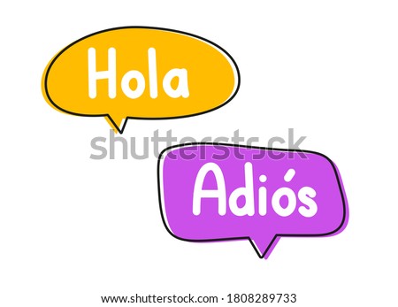 Hola adios. Handwritten lettering illustration. Black vector text in pink and yellow neon speech bubbles. 