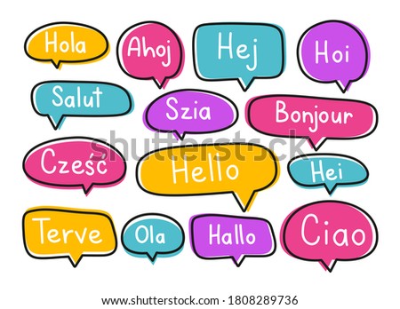 Greeting phrases in different languages. Handwritten lettering illustration. Black vector text in neon speech bubbles.  Stock fotó © 