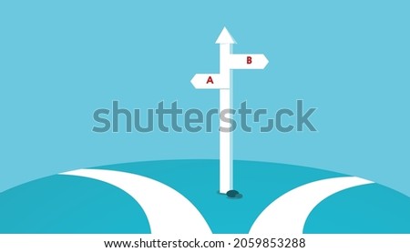 Road fork. Vector illustration in flat design. Two paths and road sign with different pointers on blue backdrop