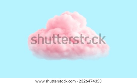 Big fluffy pink cloud isolated on blue background. Vector realistic illustration with soft pastel sky