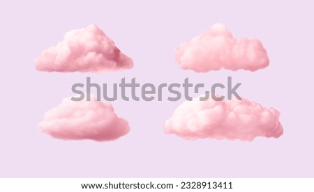 Realistic pink clouds set isolated on purple background. Vector illustration with soft fluffy clouds for sky backdop