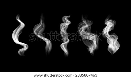Vector design elements of hookah and cigarette smoke. White realistic steam, vapor on black background
