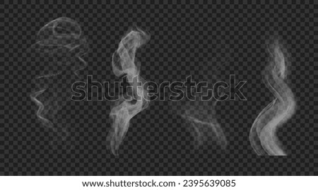 Set of vector realistic white wavy steam. Hookah and cigarettes smoke isolated on transparent backdrop