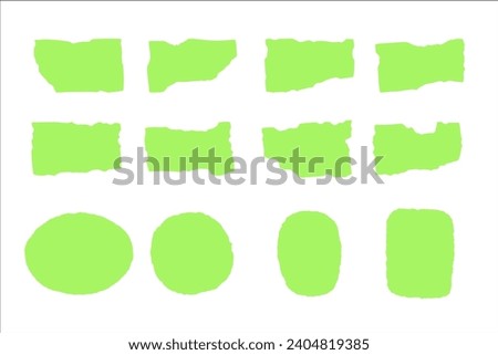 Bright green design elements. Jagged paper pieces. Torn rectangles, ovals, circles isolated on white backdrop