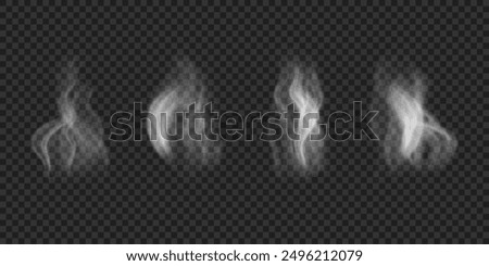 Set of wavy steam on water, tea, coffee, food. Realistic icons of white hot smoke isolated on transparent backdrop