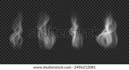 Mist wavy cloud, hot food steam, cigarette vapor. Set of vector icons isolated on transparent backdrop