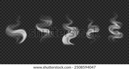 Set of realistic smoke, fog on water, bbq, hot drinks, food. Vector white swirl steam, smog isolated on transparent backdrop