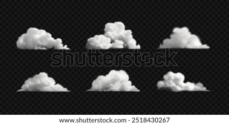 Set of white cumulus clouds, fog, smoke. Fluffy clouds isolated on transparent backdrop.Vector realistic illustration