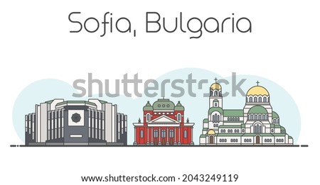 Flat vector line illustration of Sofia, Bulgaria cityscape. Famous landmarks, city sights and design icons isolated on white and light blue background ストックフォト © 