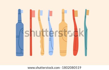Big set of mouth Cleaning tools. Various set of different toothbrushes. Electric toothbrush.Dental hygiene, Oral care concept. Colored vector illustration. All elements are isolated.