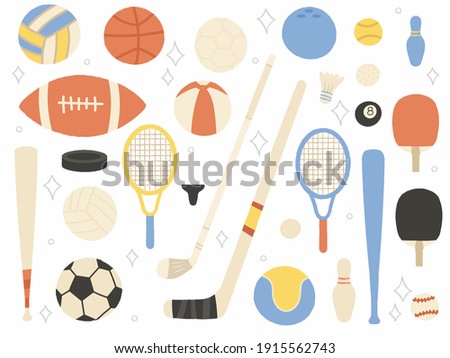 Sports equipment cartoon illustration isolated on white background. Golf and baseball, table tennis and hockey,football, billiards and bowling,  vector hand draw elements sports games equipment. 