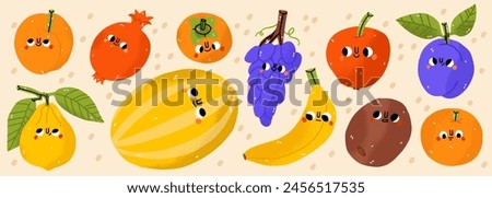 Fruits icons set: lemon, orange, apple, kiwi, grapes, pomegranate. Hand-drawn cartoon doodle in simple naive style. Cute fruit with eyes on a white background. All elements are isolated