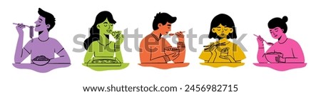 Set of people with food. Men and women eating pasta, pizza, soup, sushi. Cartoon flat vector collection isolated on white background. Hungry people eat food at table for breakfast, lunch or dinner 