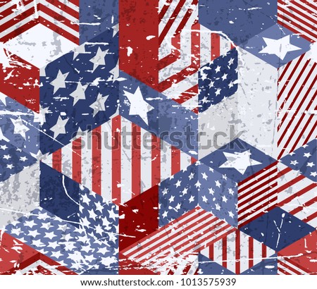 Vector seamless watercolor USA flag pattern. 3d isometric cubes background in american flag colors with grunge removable texture. Geometric patchwork illustration.