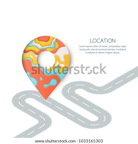 Road way location and GPS navigation concept. Paper cut style vector colorful illustration of pin map symbol, waypoint marker and winding road.