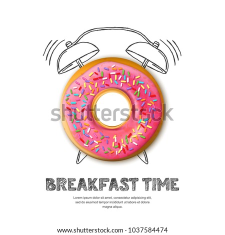 Tasty pink glazed donut, letters and hand drawn watercolor alarm clock isolated on white background. Vector design for breakfast menu, cafe, bakery. Fast food background.