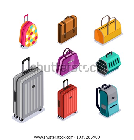 Vector baggage isolated 3d isometric style icons. Multicolor luggage, suitcase, bags, backpack, carrying animals. 