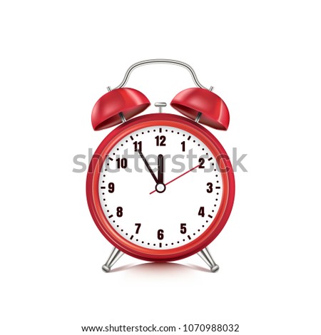 Vector realistic 3d illustration of red alarm clock, isolated on white background. Retro style clock. Five minutes to twelve o'clock.