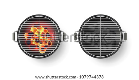 Vector realistic 3d illustration of round empty barbecue grill with hot coal, isolated on white background. BBQ top view icon.