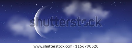 Vector realistic illustration of night cloudscape. Moon, stars and clouds on blue evening sky. Romantic fantasy landscape background.