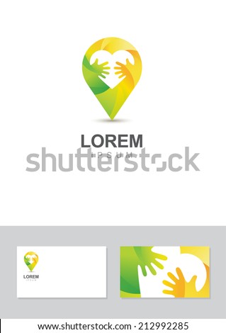 Vector waypoint symbol and heart in human hands. Abstract logo design and business card template. Concept for gift shop, charity and assistance, health, voluntary, non profit social organization.